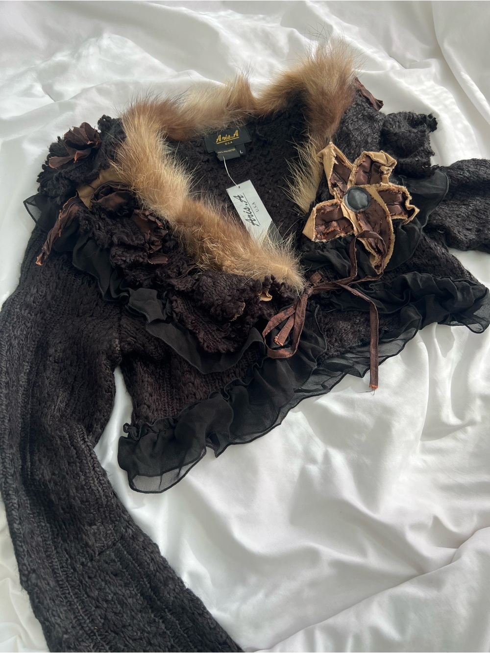 Aris Brown Knit Shrug with Fur Trim and Floral Accents